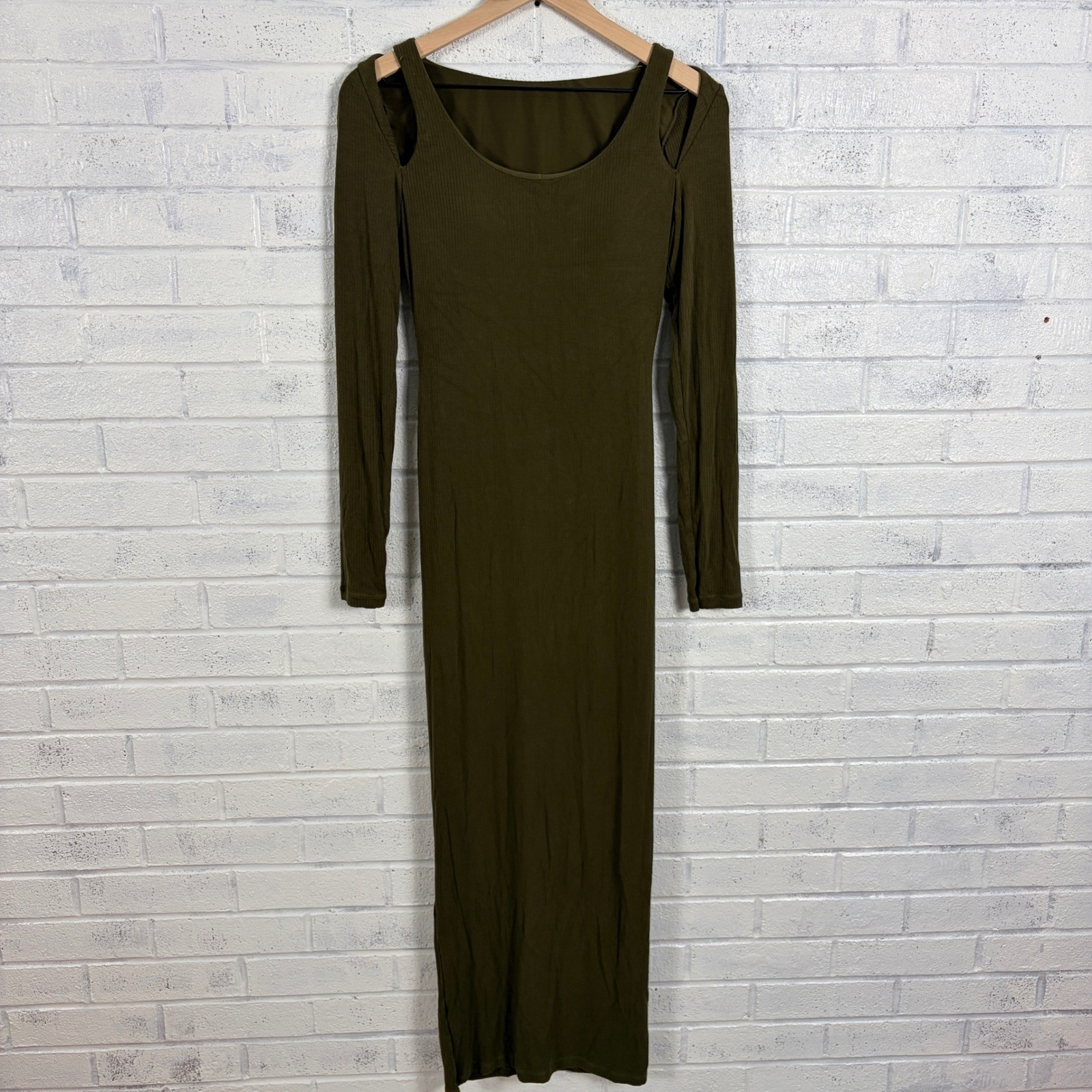 Shapellx Ribbed Maxi Dress Womens M Olive Green Cold Shoulder Shapewear