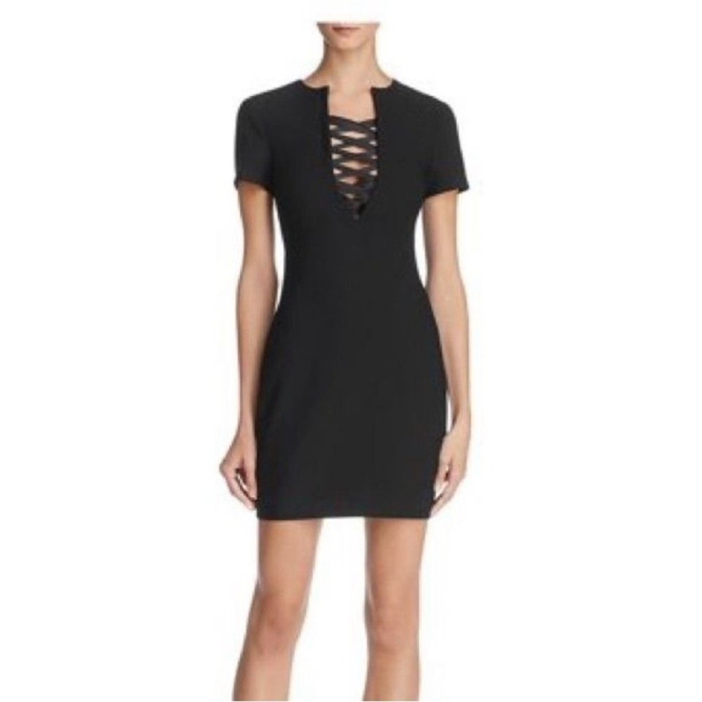 LIKELY Judd Criss Cross Mini Dress Black Bodycon V-Neck Short Sleeve Siren 4