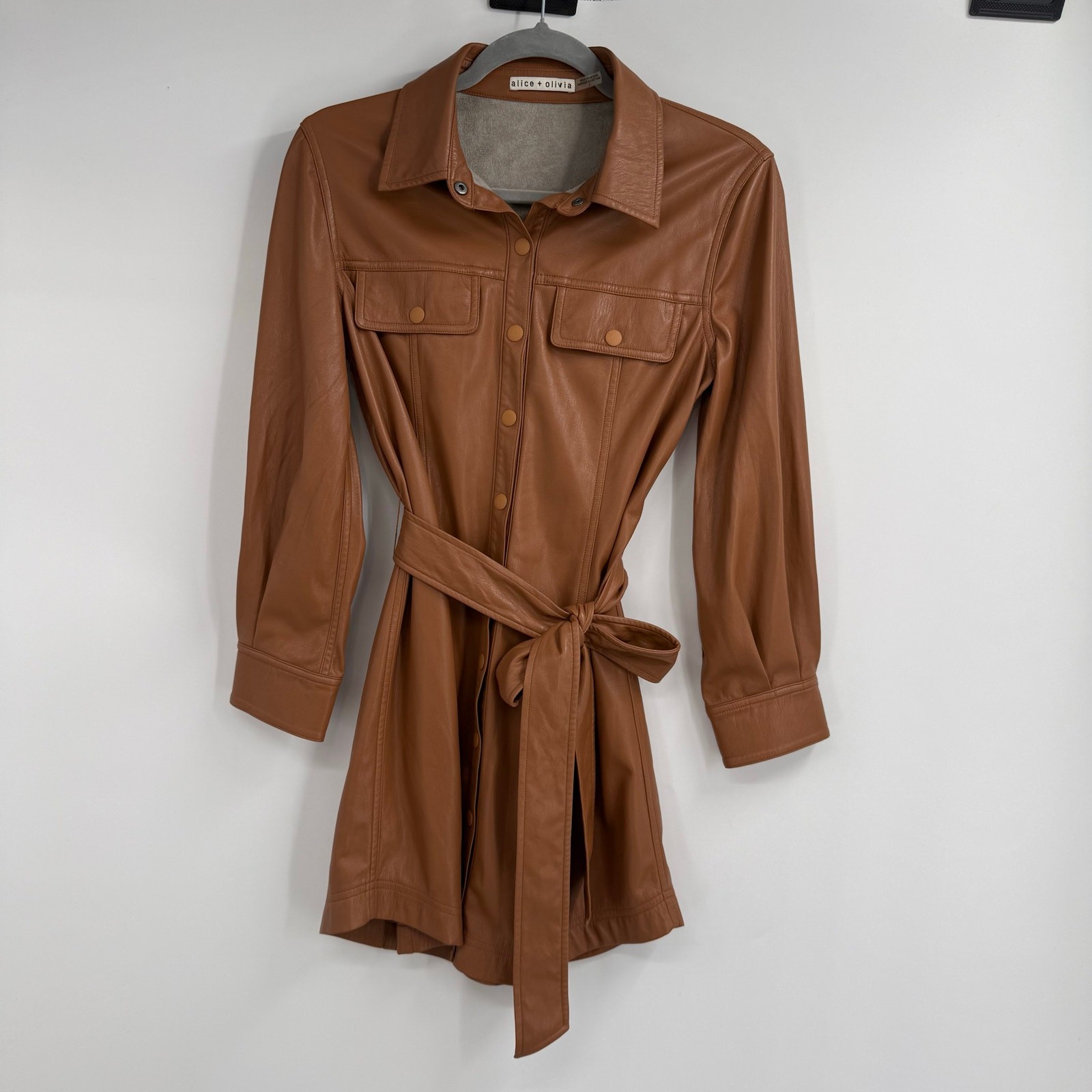 Alice + Olivia Faux Leather Belted Mini Dress Womens 2 Camel Brown Long Sleeve