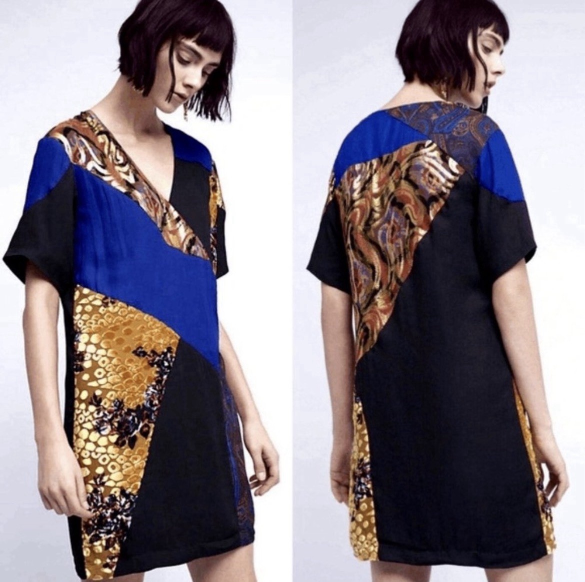 Anthropologie HD in Paris Camelia Dress 8 Patchwork Shift Mini Short Sleeve Silk