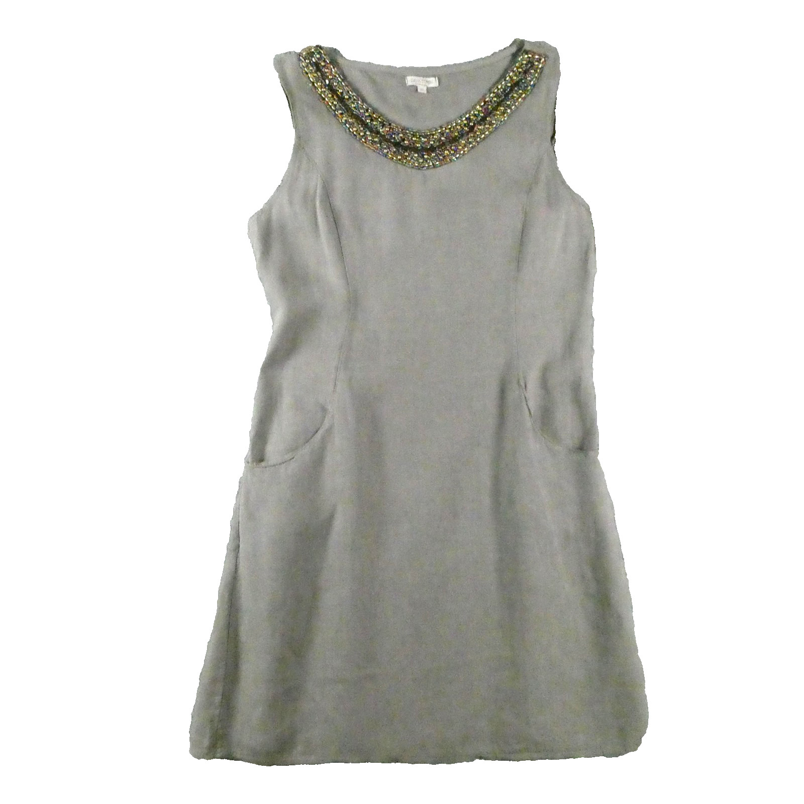 Lina Tomei Dress Womens M Gray Linen Lagenlook Beaded Neck Sleeveless Pockets