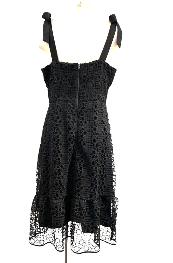 New Sam Edelman Circle Crochet Lace Bow Strap Midi Dress sz. 12 Black Lined