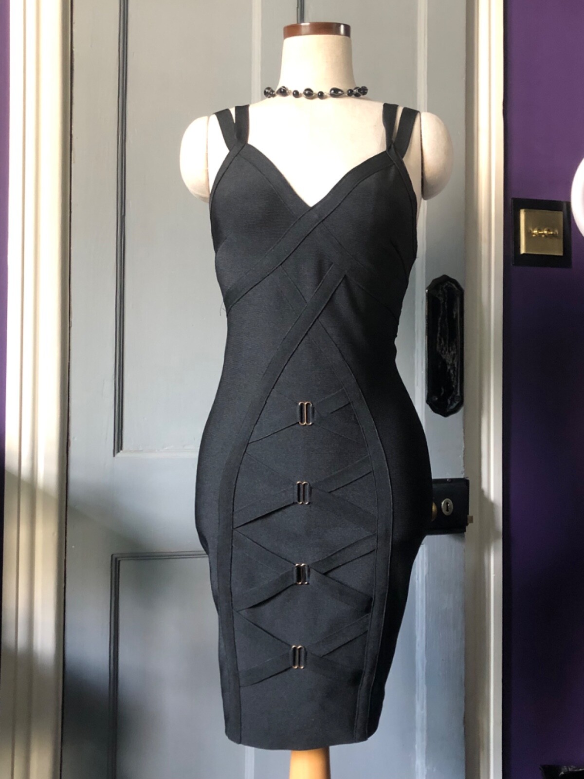S Black Bondage Bodycon Banded elasticated strap & Zipper bodyconl Dress