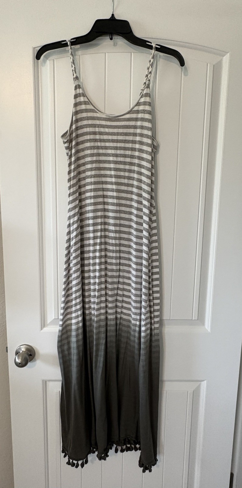 Umgee Gray White Green Striped Ombre Maxi Dress Tassel Hem Large