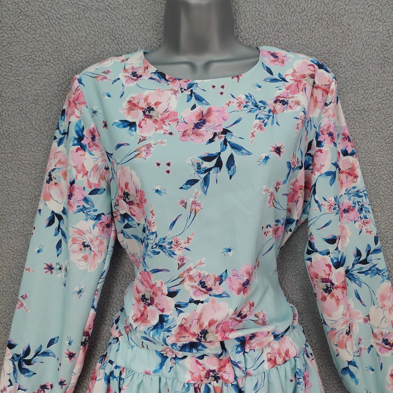 Ladies UK 10 Pale Blue Pink Floral Tiered Peplum Mini Dress Summer Boho light