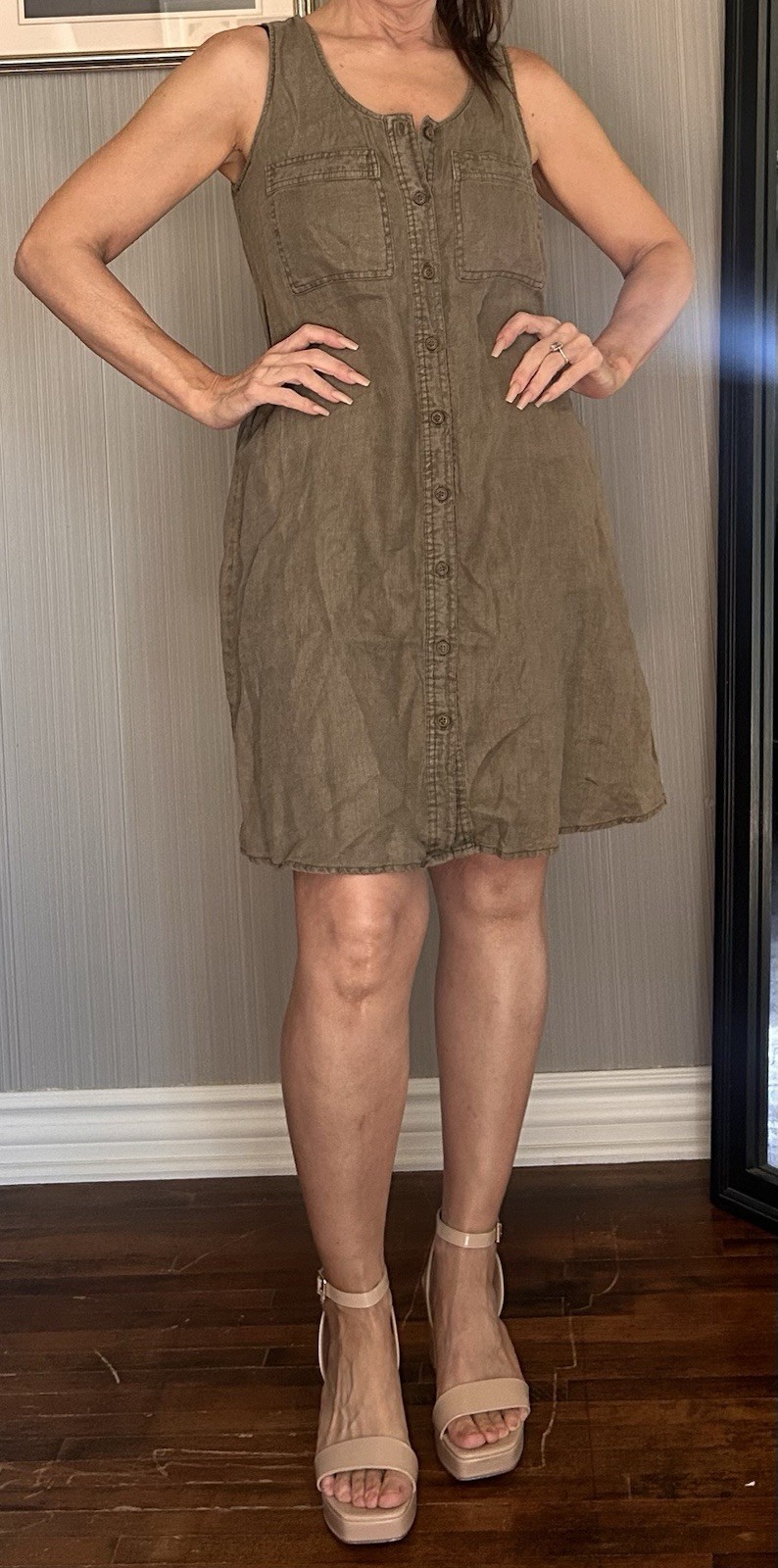 Nicole Miller 100% Linen Mini Dress Olive Green New Beachy Summer Size Xs￼