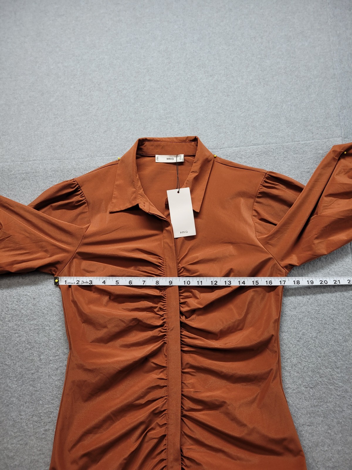 MNG Women Dress 6 Rust Ruched Short Puff Sleeve Collared Slim Shirt Mini Fit