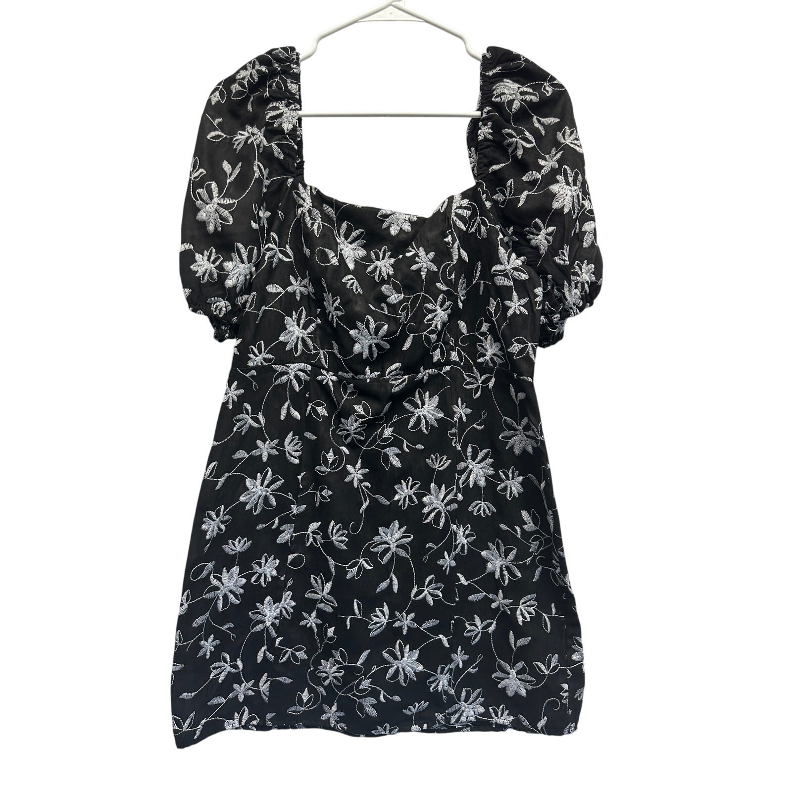 Blue Rain Black Silver Floral Embroidered Puff Sleeve Dress Women’s Size L