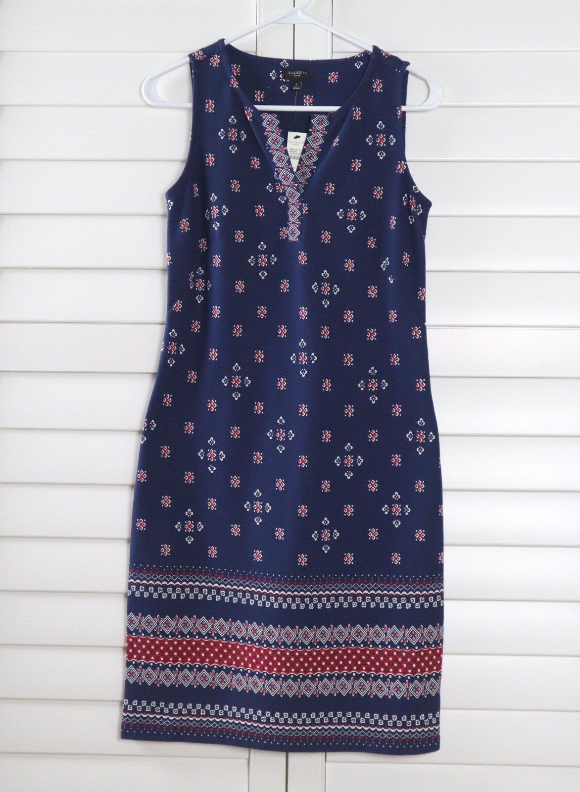 TALBOTS NWT $99 Navy Stretch V-Neck Border Hem Printed Tank Dress Size Petite