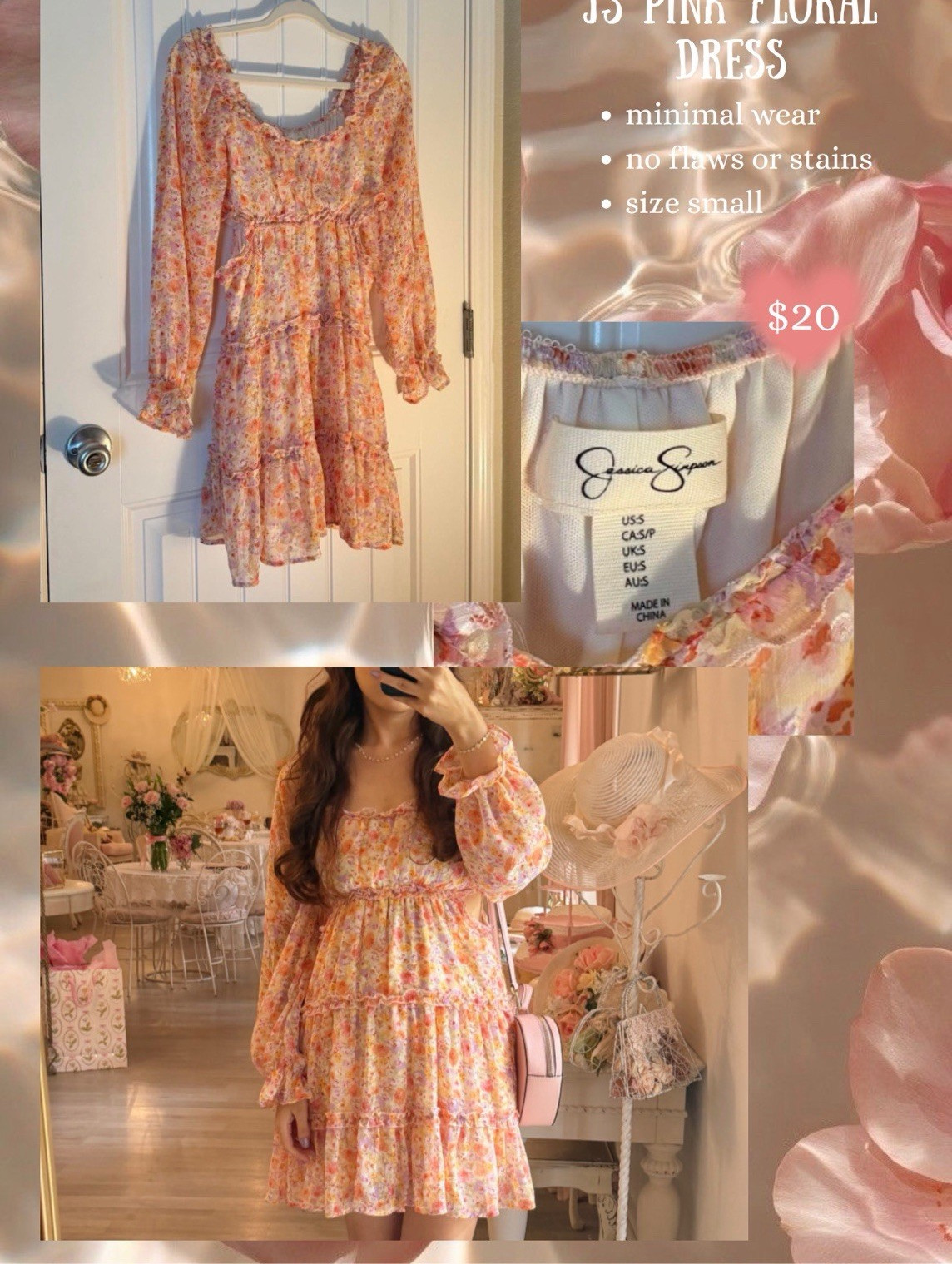 Jessica Simpson Pink Floral Square Neck Smocked Ruffle A-Line Dress S