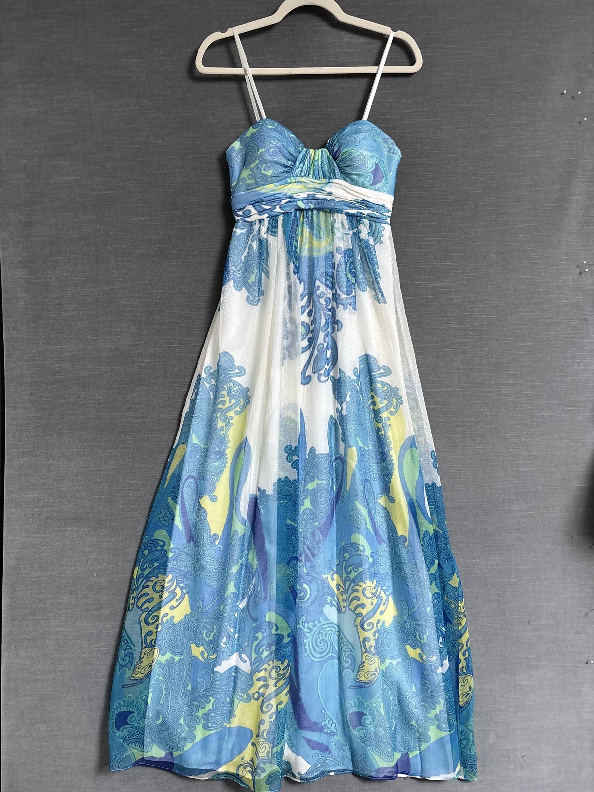 Vintage Cache Dress 4 Silk Blue Paisley Strapless Empire Maxi Boho Formal y2k