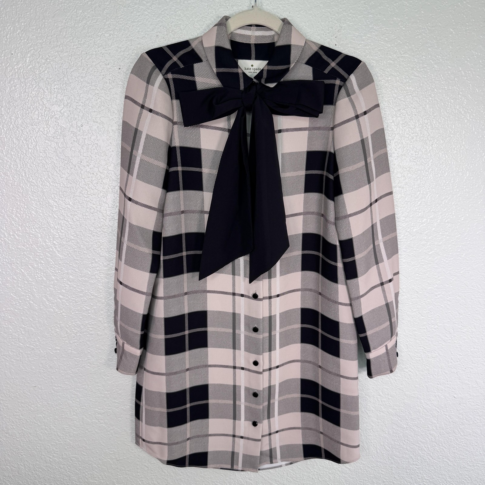 Kate Spade Woodland Plaid Griffin Dress Womens 0 Preppy Bow Tie Button Front