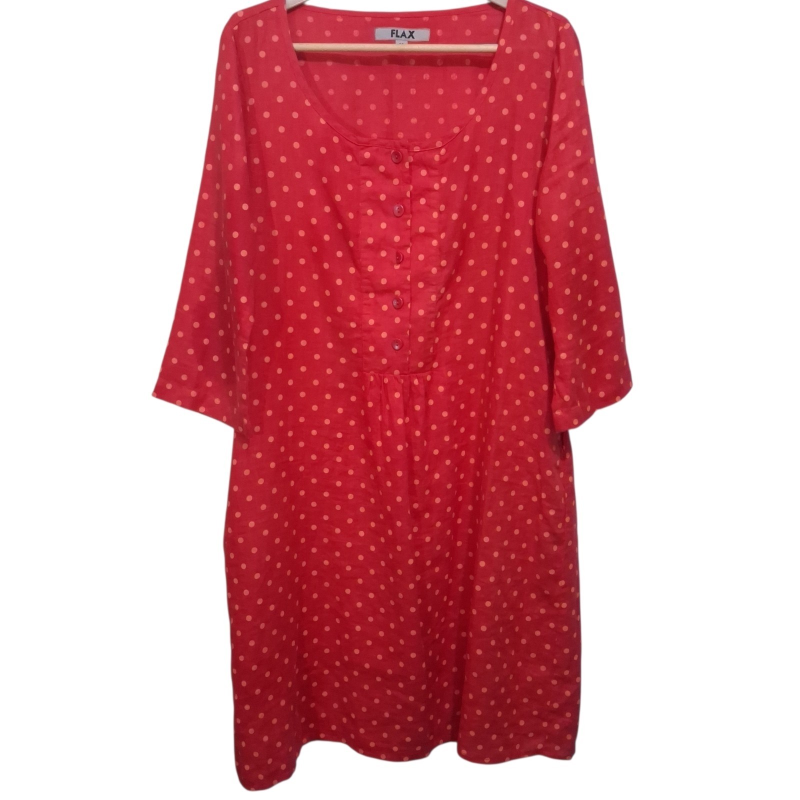 Flax Linen Tunic Midi Dress Red With Polka Dots 3/4 Sleeve Buttons Beach Boho M