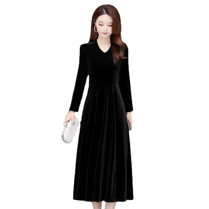 Ladies Long Sleeve Swing Dress Velvet Velour V-neck Dress Oversized Solid Soft