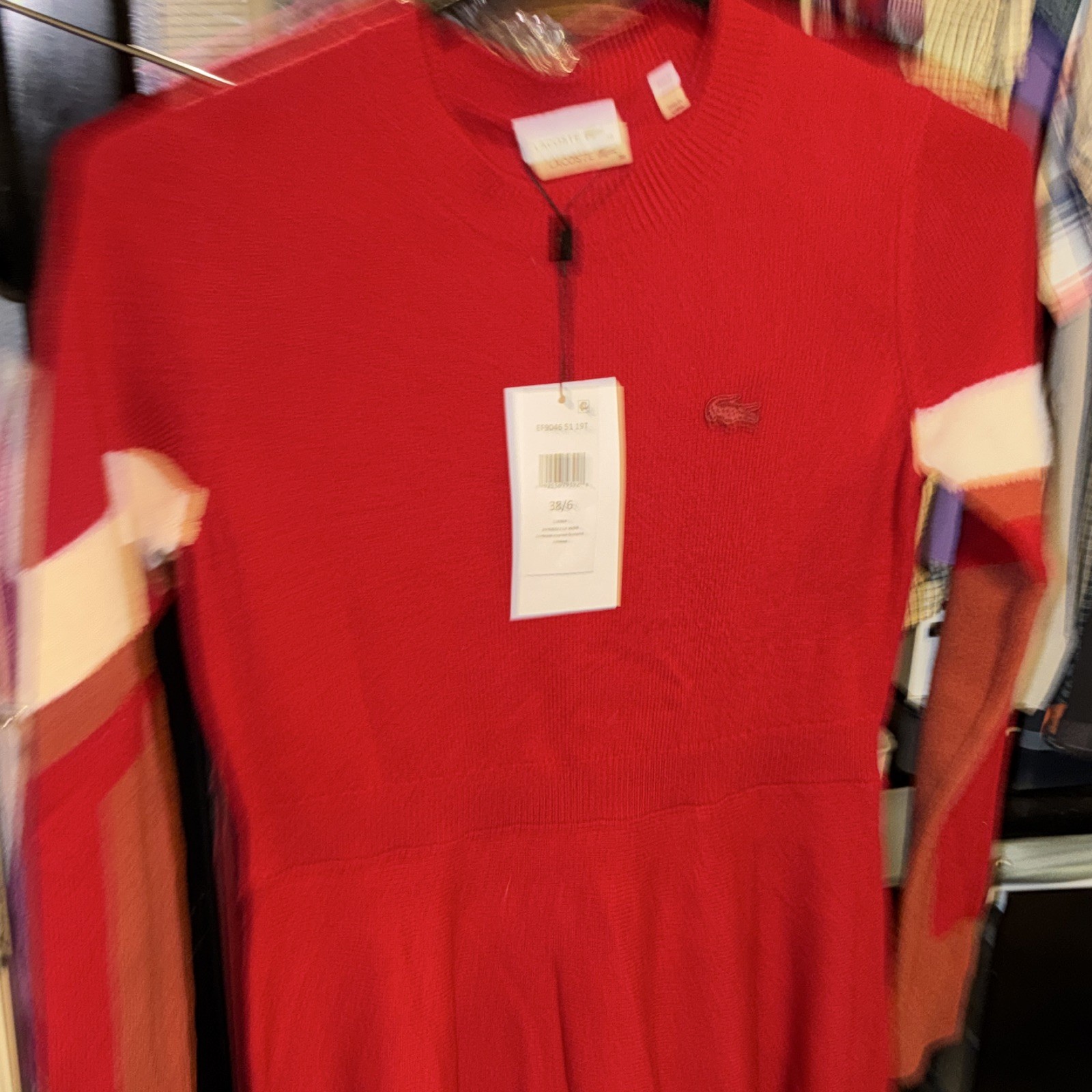 Lacoste Red Knit Midi Sweater Dress Crew Neck Long Sleeve Logo Size 38
