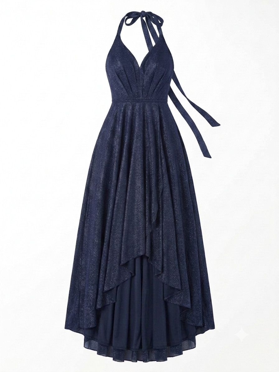 Miss Proto Women’s Navy Blue Sparkly Halter Maxi Dress Open Back Size 38 Fits S