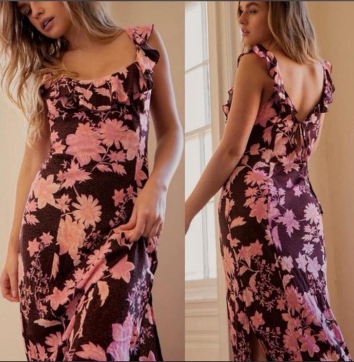Free People Remind Me Maxi Slip Dress Small Floral Ruffle Boho Tropical Resort