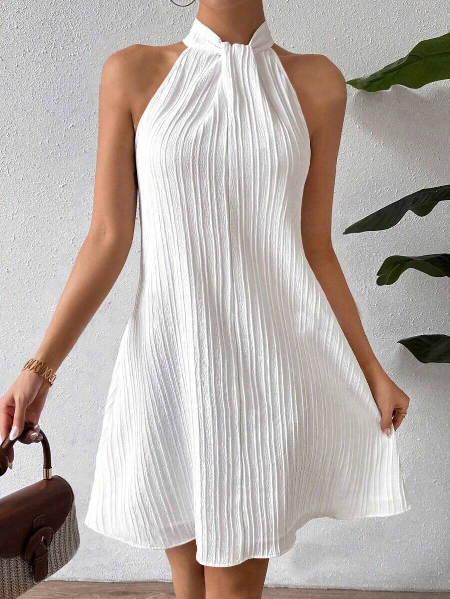 ELEGANT WOMEN Halter Neck Pleated MiniDRESS Summer Party Polyester Sundress S-XL