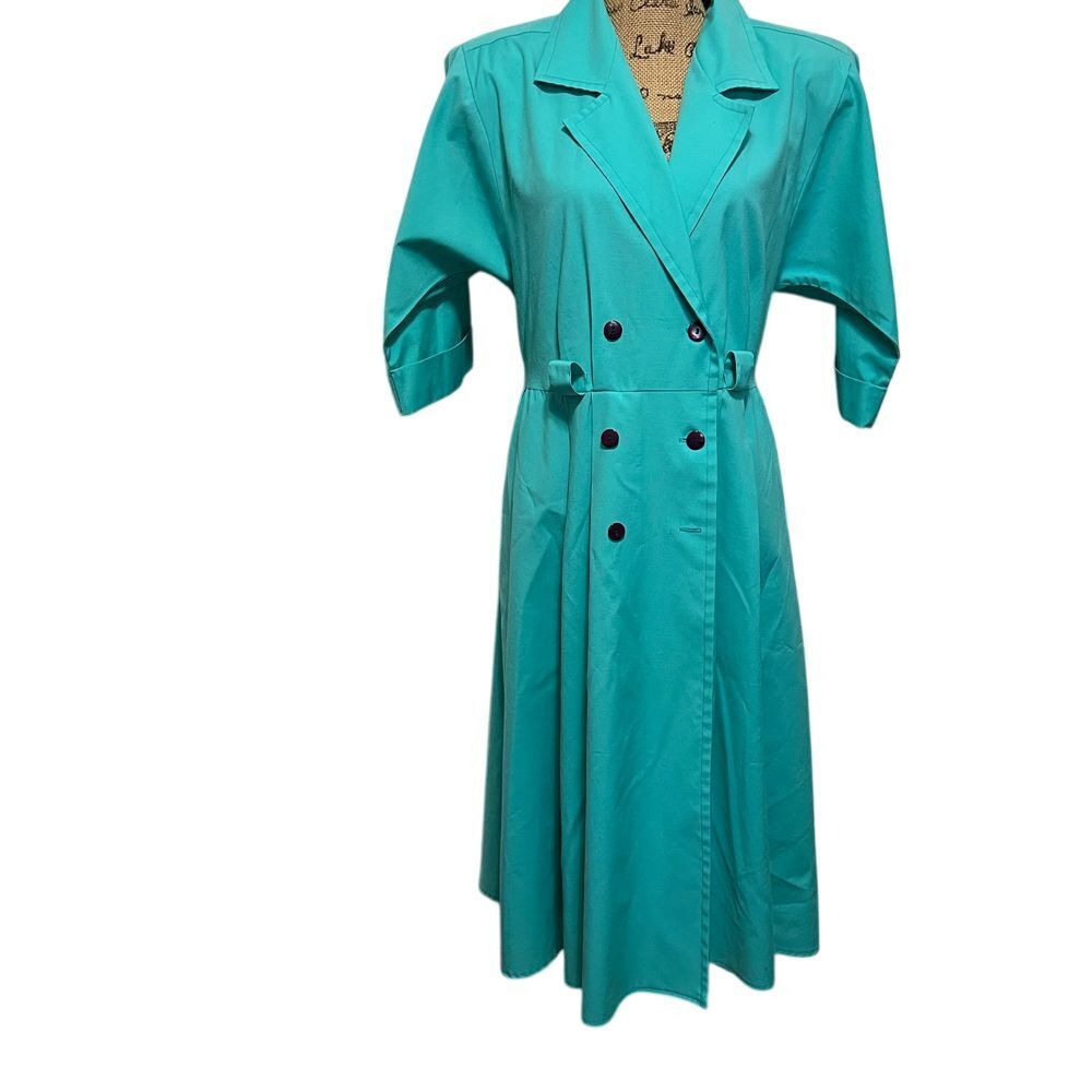 Vintage Turquoise Double Breasted Midi Dress with 3/4 Sleeves Retro 80s Style