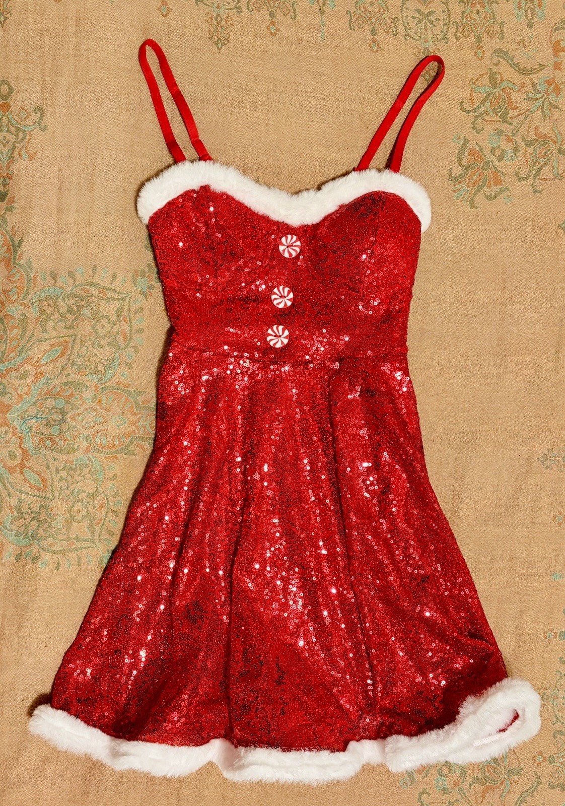 XXS 00 red sequin sexy Santa lined mini dress bustier top swing skirt