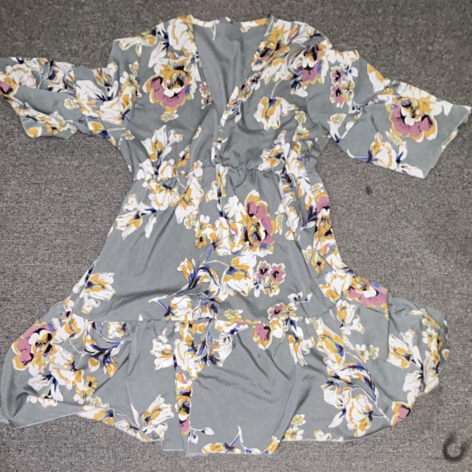 SHEIN Women’s L Gray Floral V-Neck 3/4 Bell Sleeve Button Midi A-Line Dress
