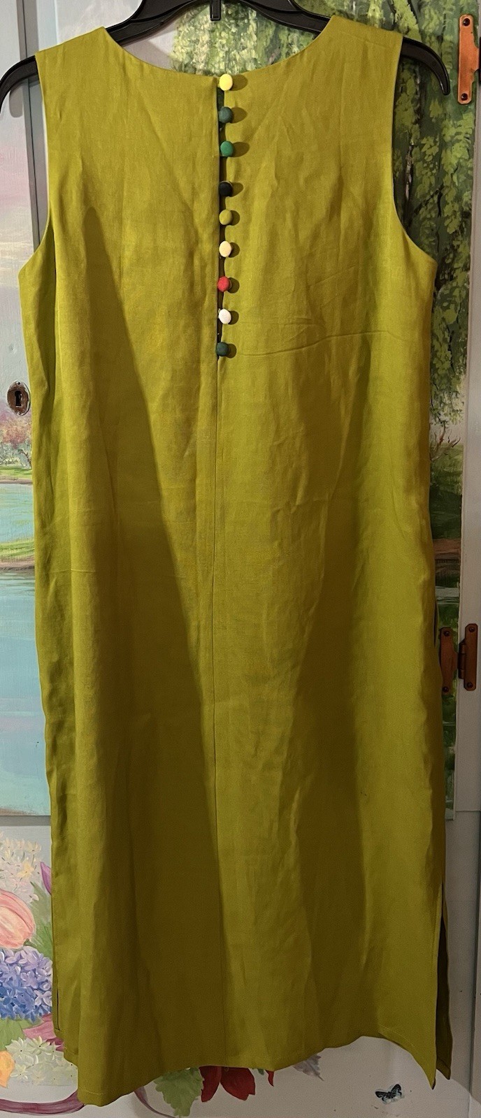 Linen Home Women’s Large Green Sleeveless Dress Lined Button Details 100% Linen