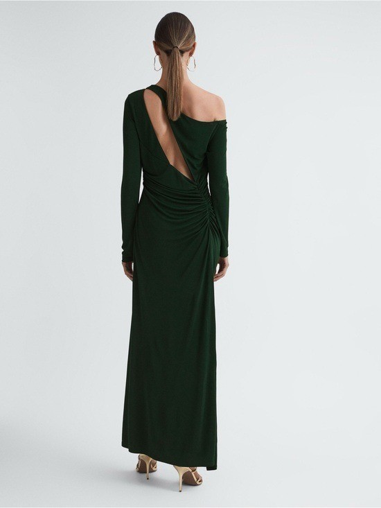Reiss Delphine Off The Shoulder Cut Out Maxi Dress in Green Size 6