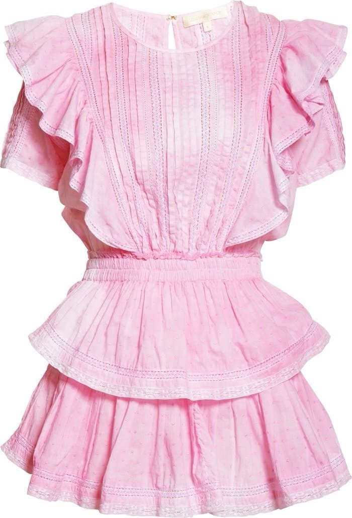 LoveShackFancy Pink Ruffle Tiered Smocked Mini Dress Flutter Sleeve S