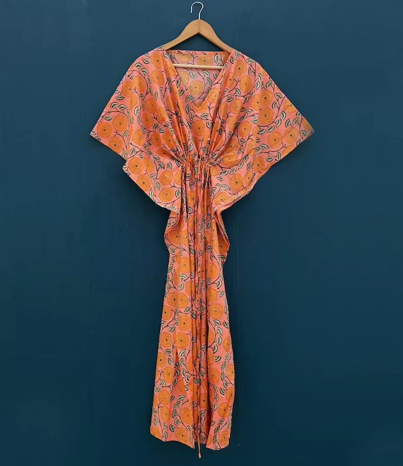 Indian Vintage 100% Cotton Long Beach Maxi Kaftan Dress One Size Caftan Kimono