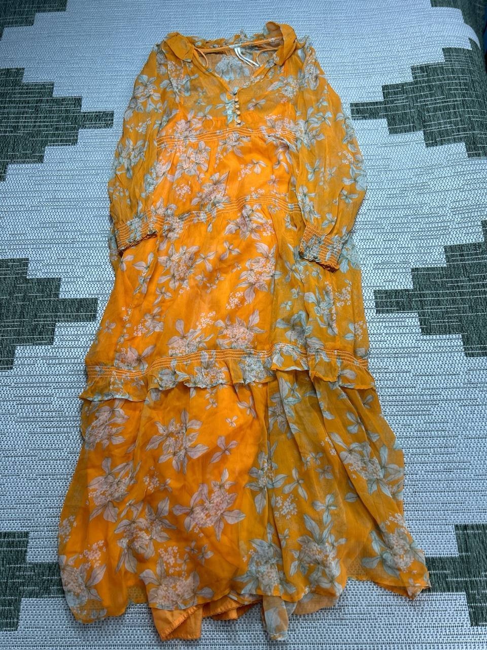 Anthropologie Dress Womens Small Orange Green Floral Ruffle Midi