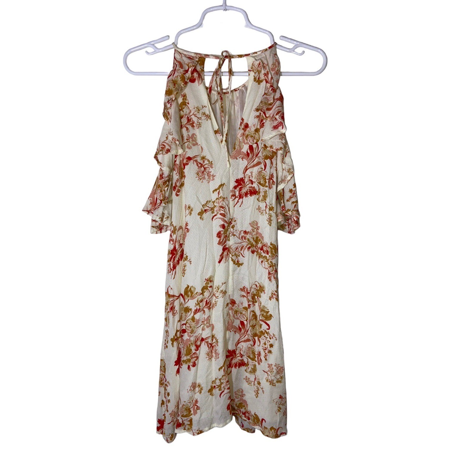 En Creme Floral Cold Shoulder Ruffle Mini Dress Boho Cottagecore Romantic Size S