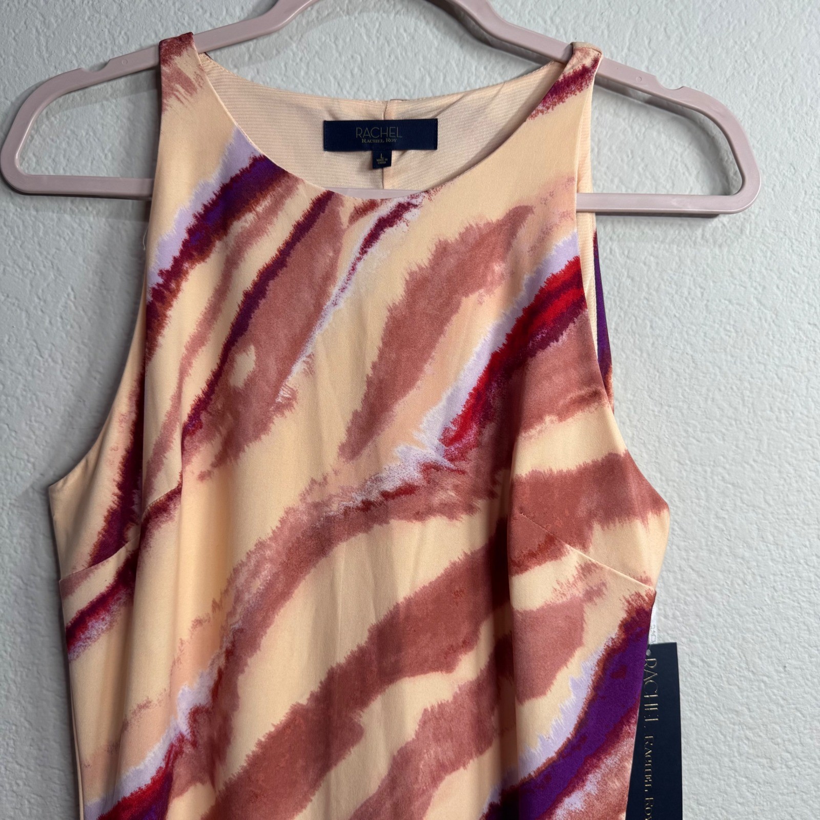 Rachel Roy Sleeveless Sheath Midi Dress Brown Pink Abstract Print Stretch NWT