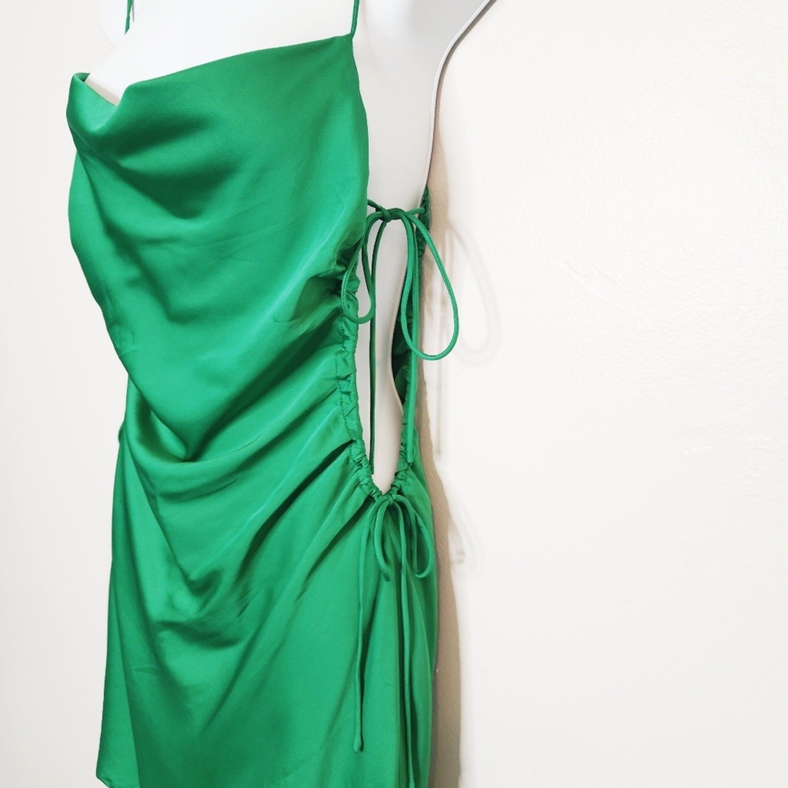 Beige Botany Green Satin Cocktail Party Bodycon Dress Side Cutout Size Medium