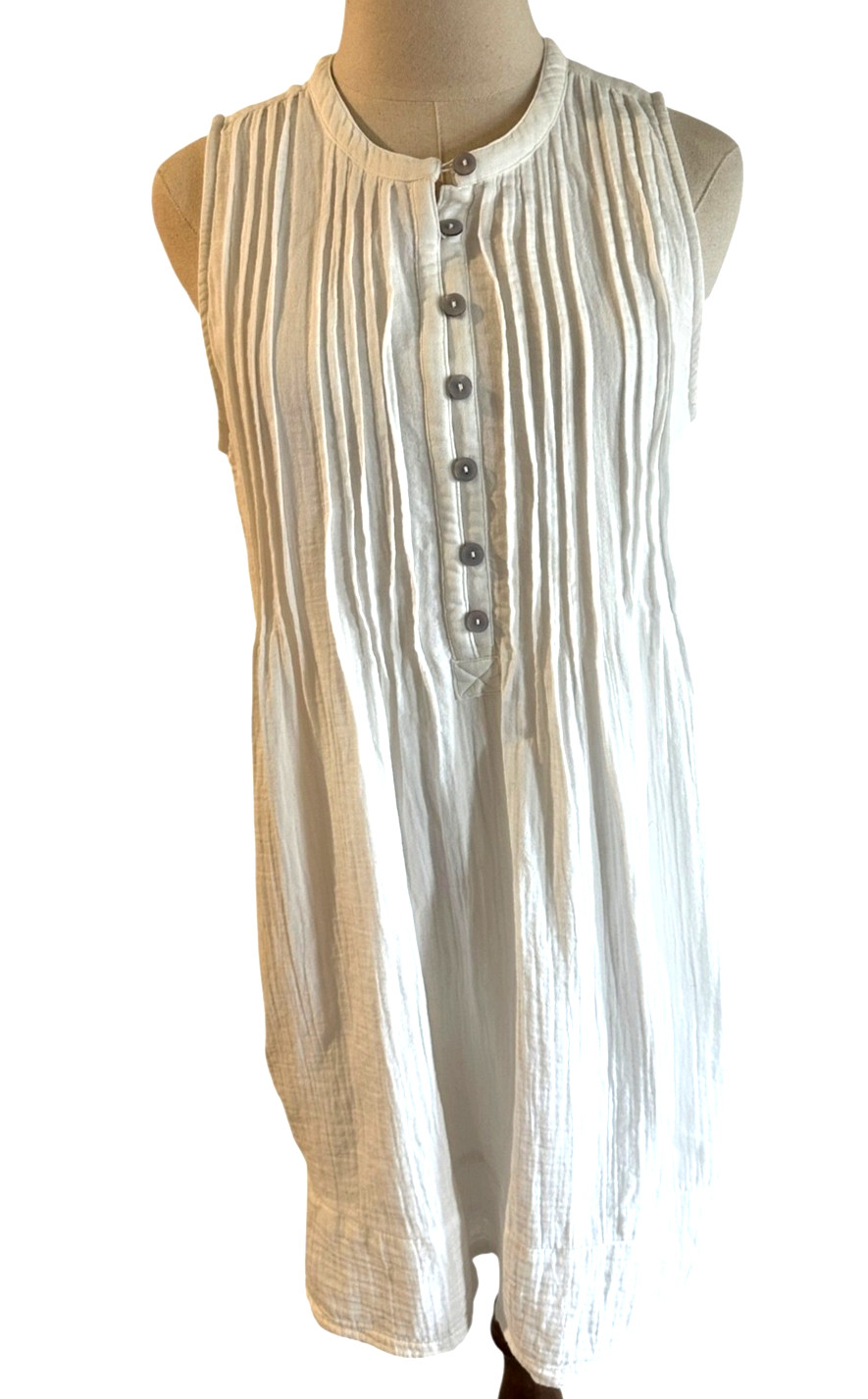 Quince Ivory Guaze Sleeveless Dress Women Sz S 100% Organic Cotton Pintuck Lined