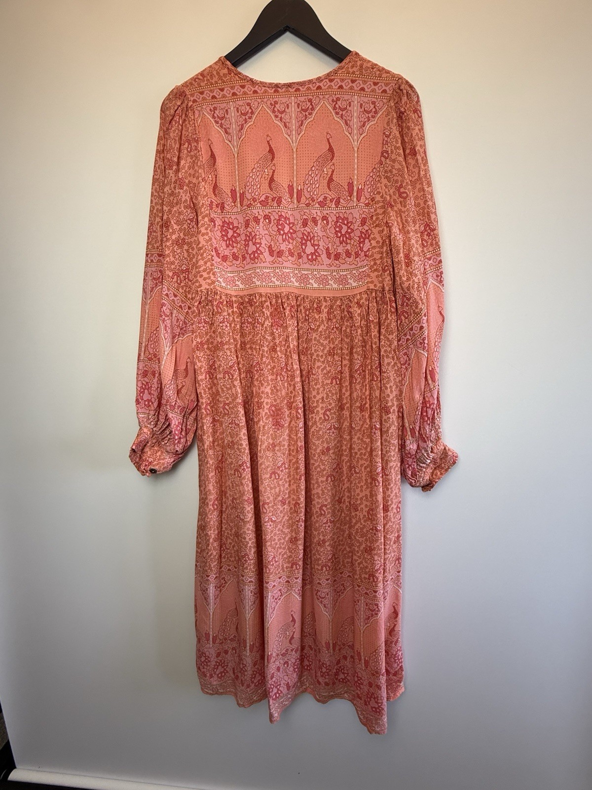 All About Audrey Pink Paisley Peacock Print Maxi Dress Boho Size M/L