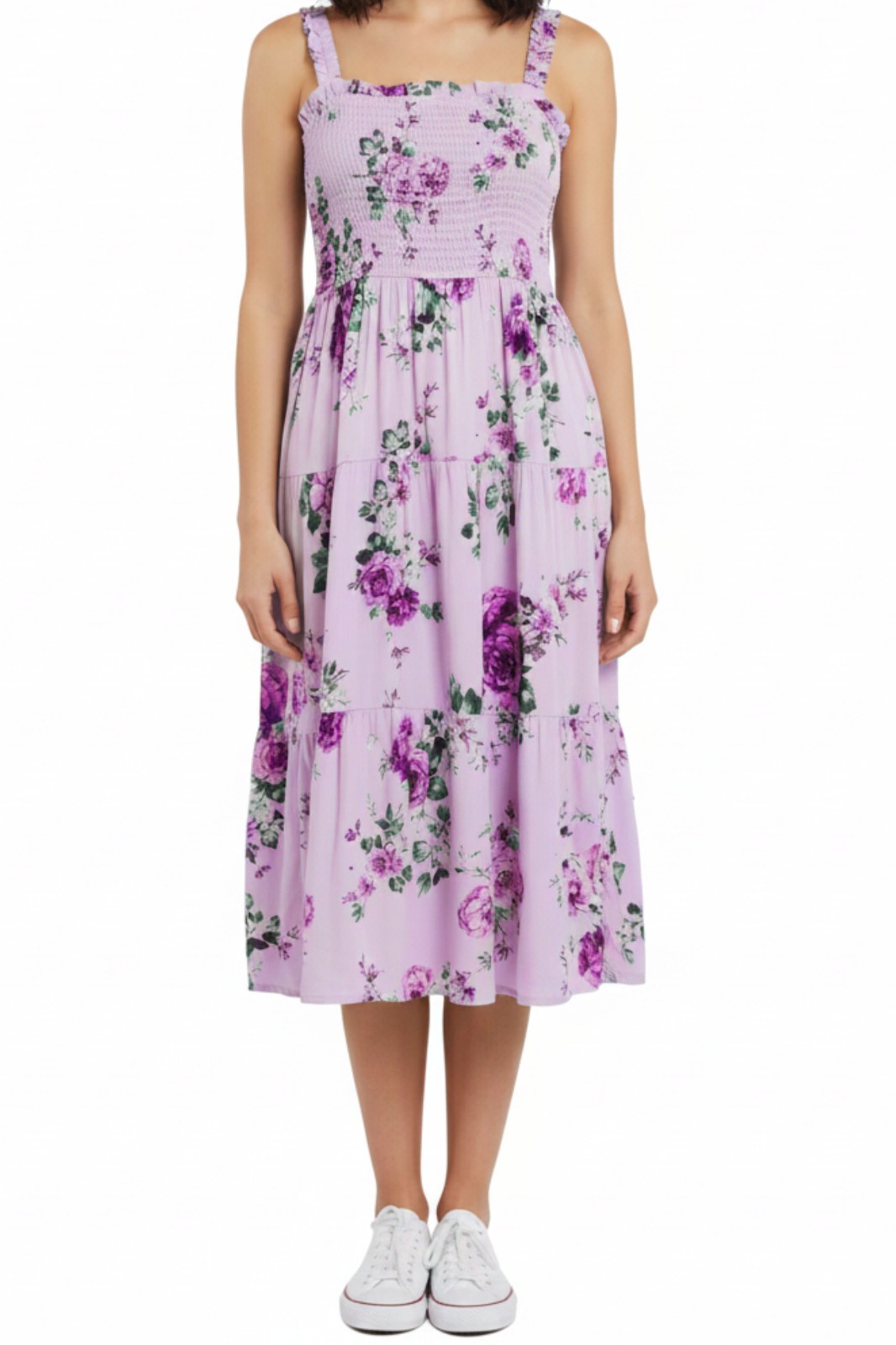 Women Flowy A-Line Dress Flowers Cotton Blend Smocked Bust Summer Midi Dress