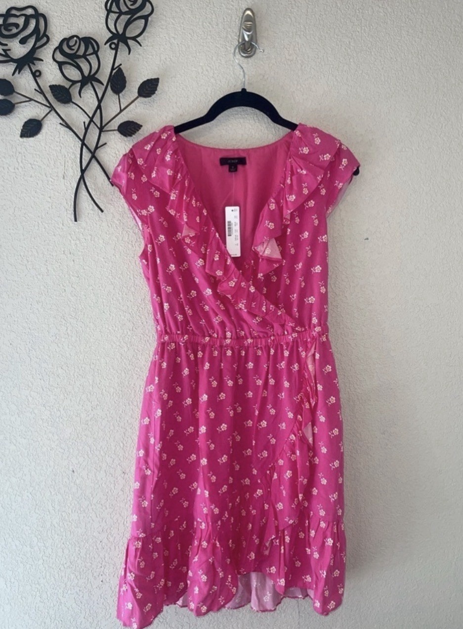 J.CREW Pink White Floral Wrap Dress V-Neck Cap Sleeve Ruffle Knee Length 0