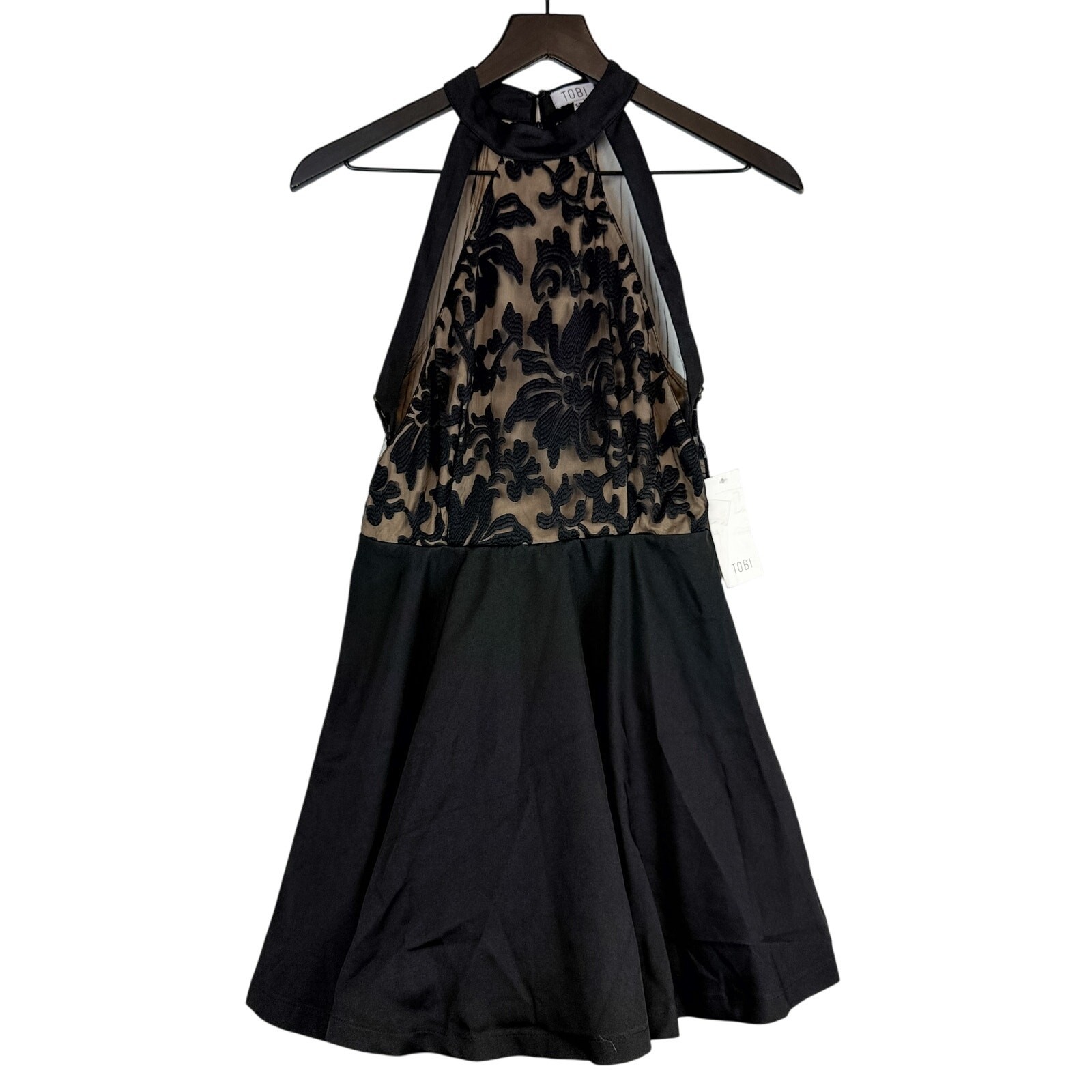 NWT TOBI Embroidered A-Line Mini Halter Black Dress – Size S