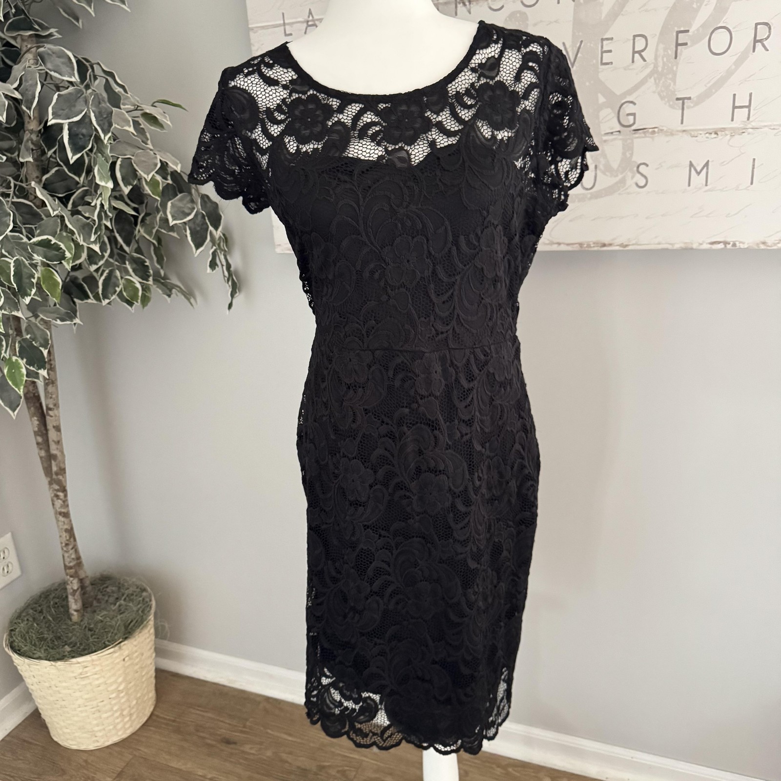 ODCOCD Dress Womens Large Black Lace Floral Sheath Lined Short Sleeve Party