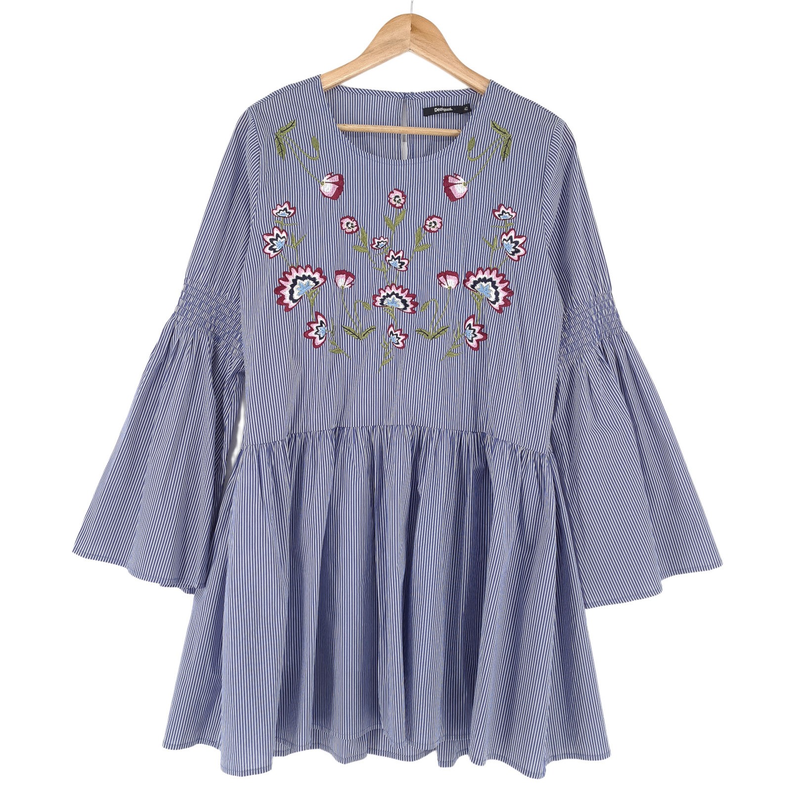 Desigual Fit & Flare Dress Striped Floral Embroidered Bell Sleeve Size 42