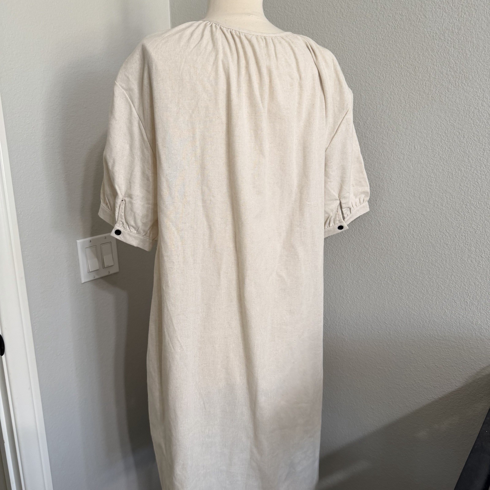 Ivory Linen & Cotton Blend Shirt Dress Midi Popover 3/4 Balloon Sleeve