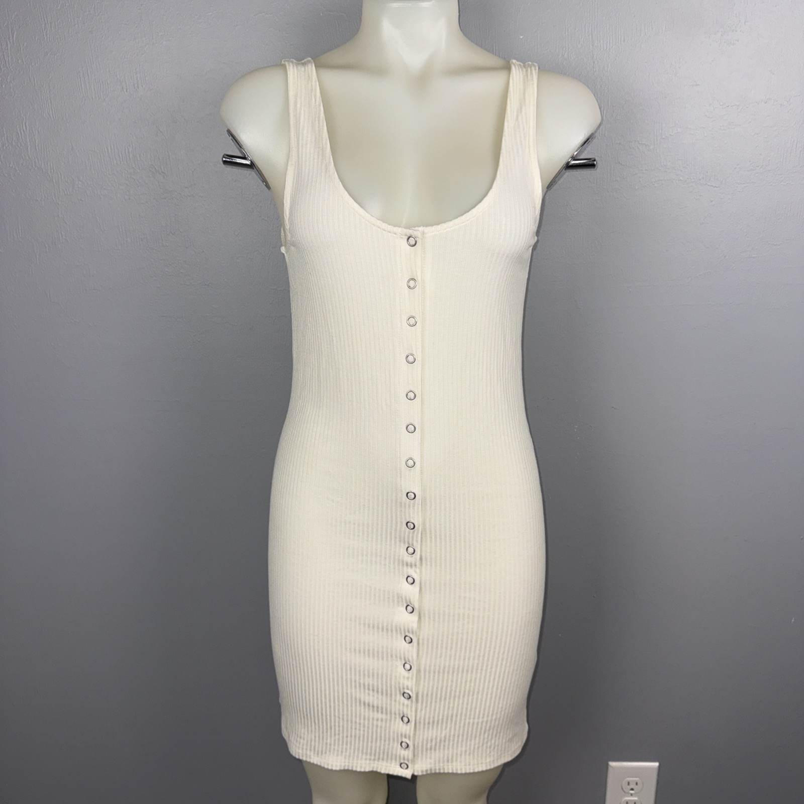 Forever 21 Ribbed Snap-Button Tank Mini Dress Womens M Ivory Swim Cover Up *READ