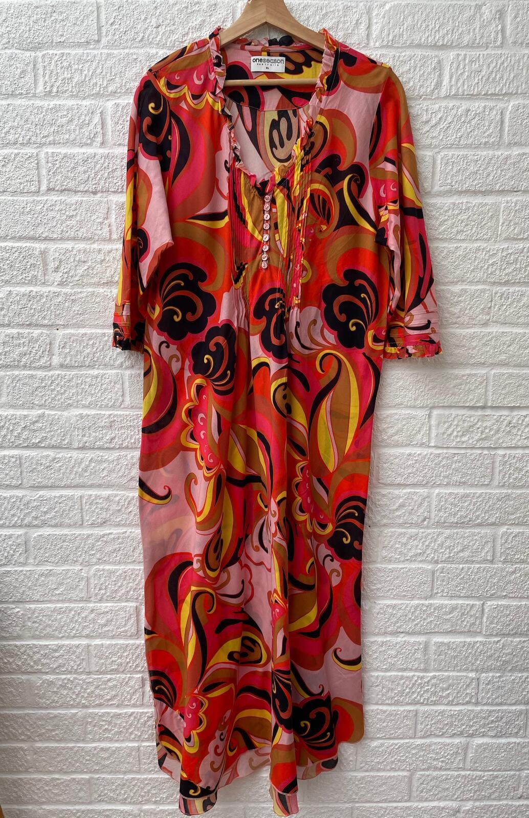 One Season Australia Bold Orange Print Cotton Maxi Dress Size XL