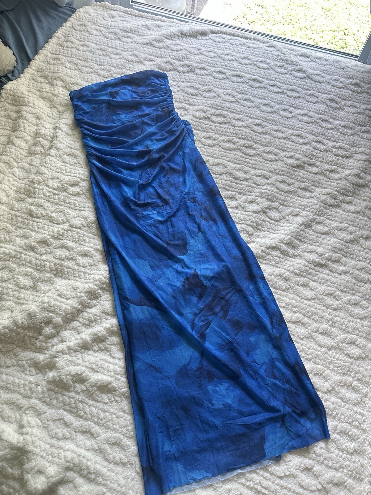 Women’s Summer blue Strapless Dresses Maxi Bodycon Floral Beach slit dress