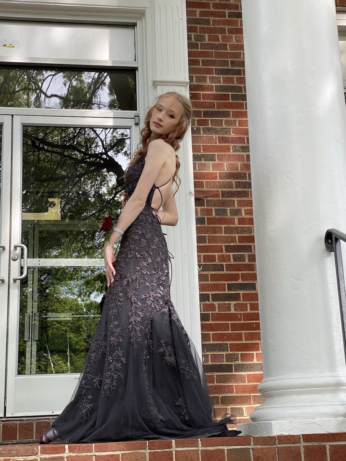 Women’s Gray Lace Floral, Beaded, Strappy, Mermaid Long Prom/ Wedding Dress
