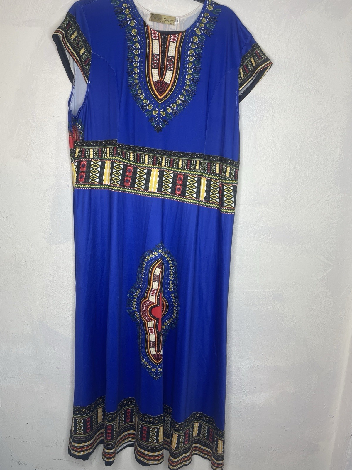 Jessica Taylor Women’s XL Blue Tribal Dashiki Maxi Dress Boho Ethnic Resort Plus