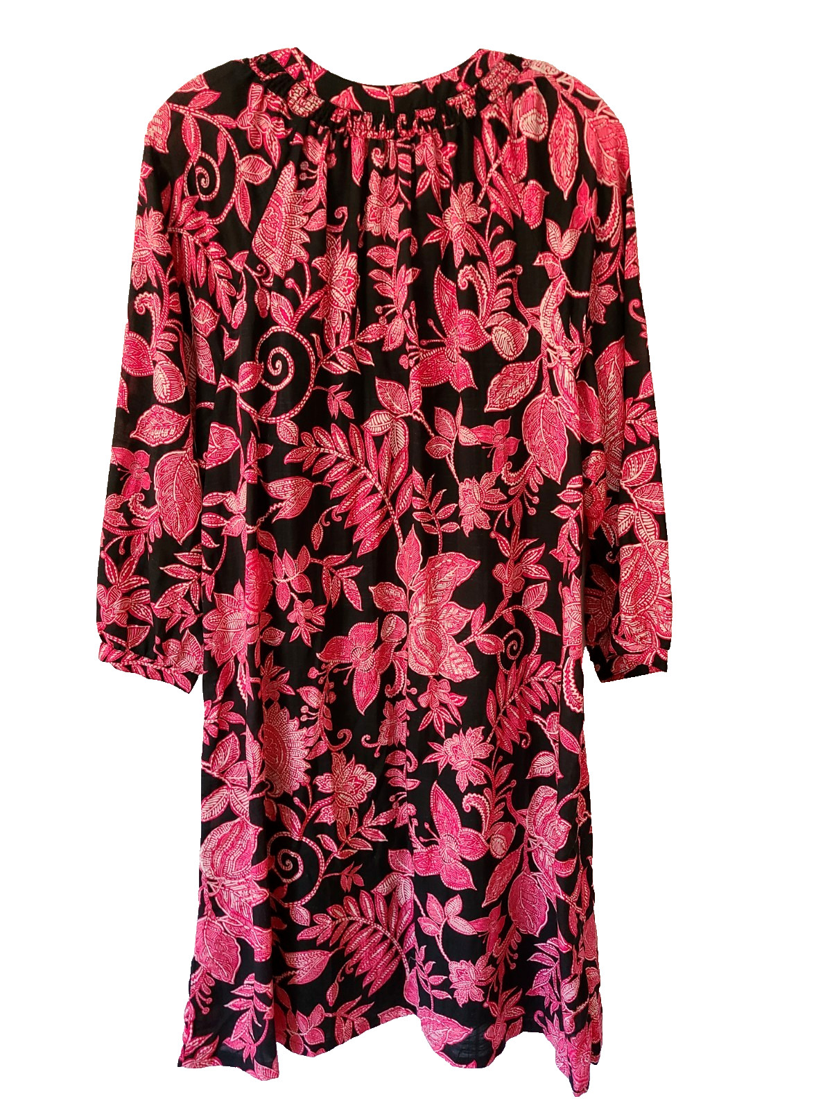 $248 JOHNNY WAS SZ L ALYCIA BEADED TASSEL DRESS LEAF PRINT w/ SLIP B:43″ L:39″