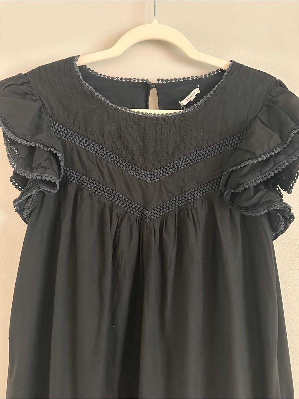 Tularosa Revolve Black Flutter Sleeve Babydoll Dress Crochet Lace Trim Large