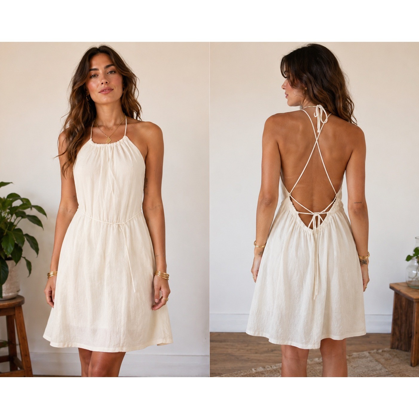 NWT Banana Republic Halter Mini Dress S White Backless A-Line Boho Beach Belted