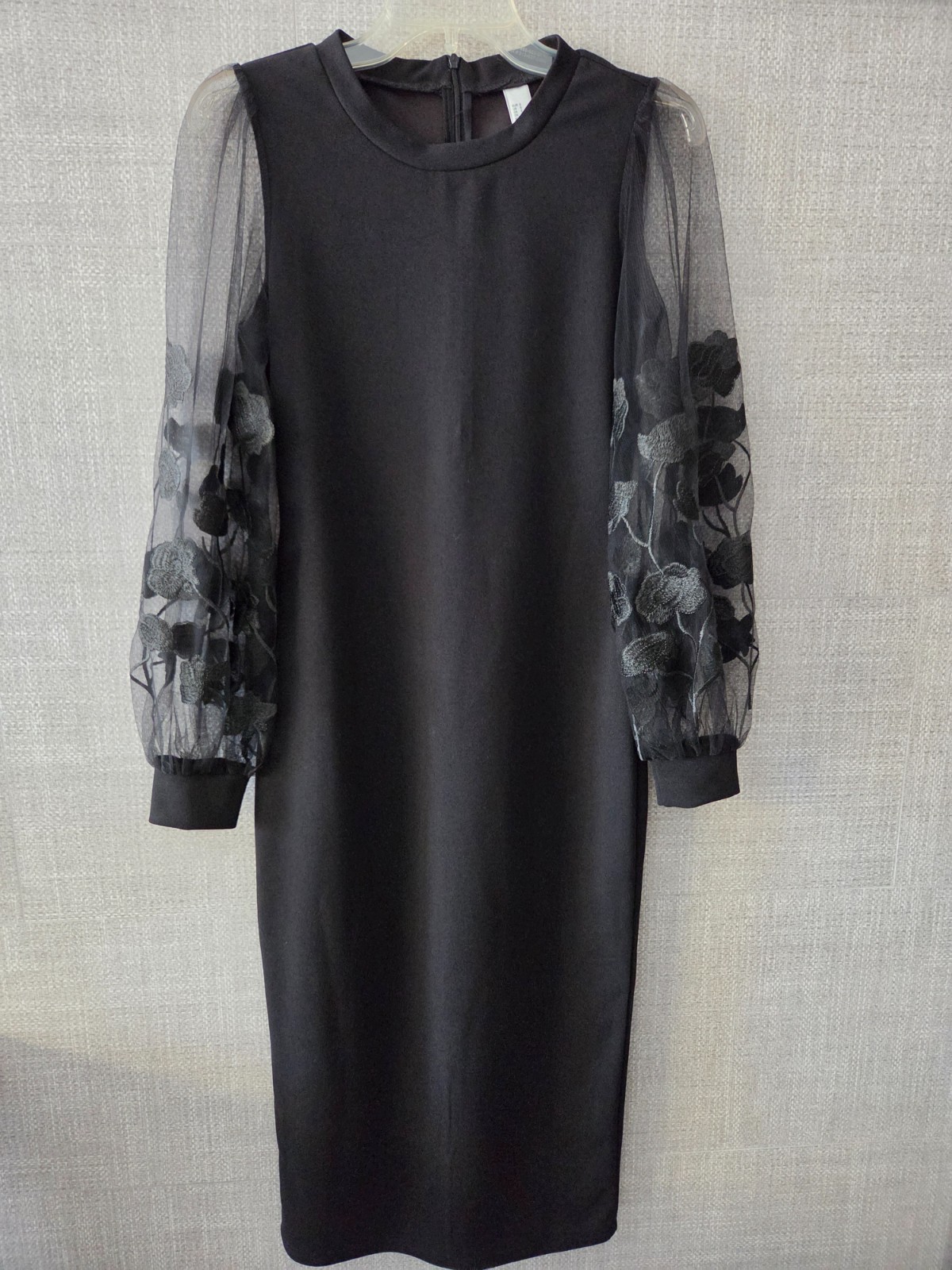 SW black midi dress with puff mesh floral embroidered sleeve, size S